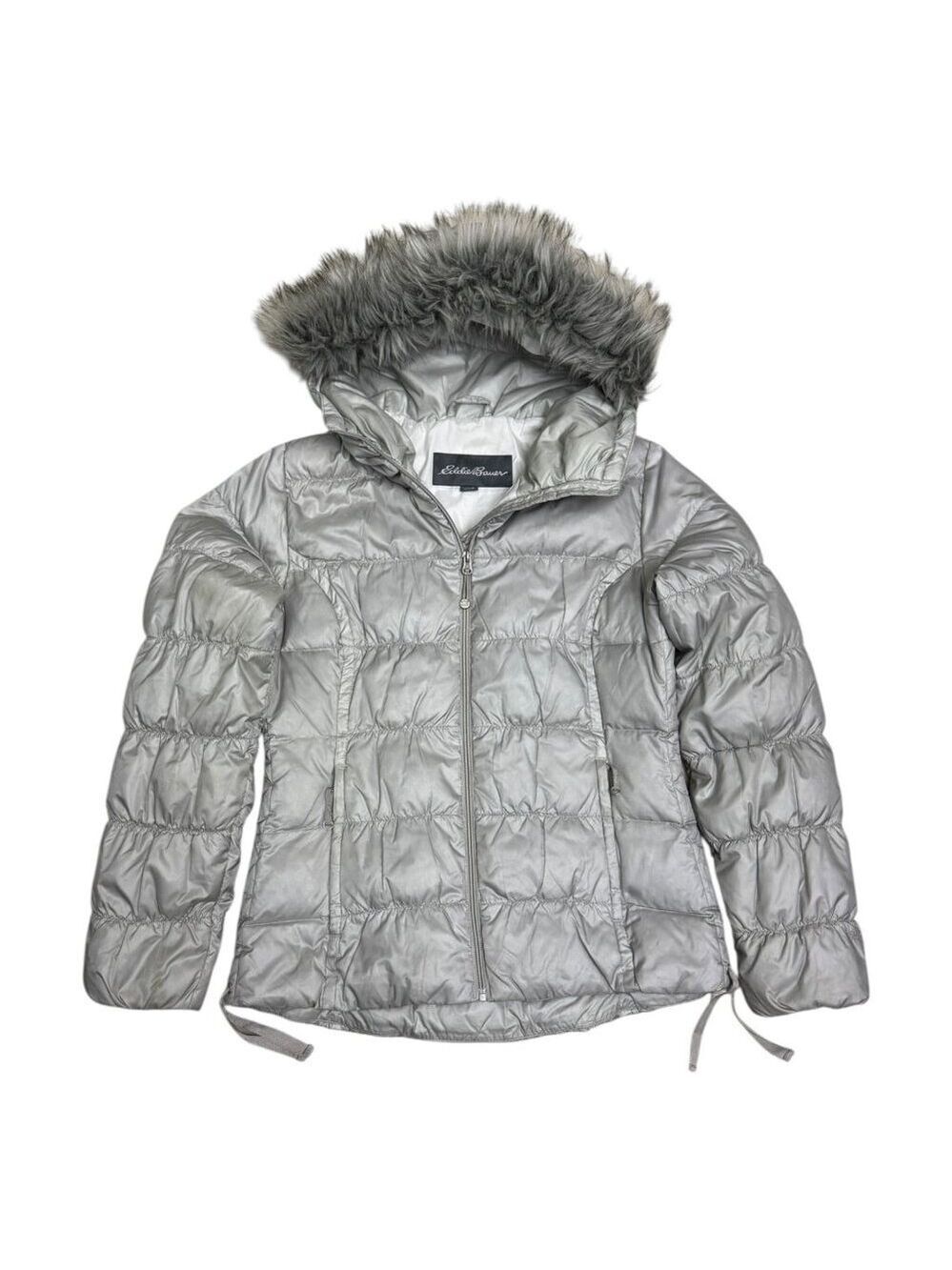 EDDIE BAUER Goose Down Coat Silver Faux Fur Winter Puffer Parka Jacket Womens S